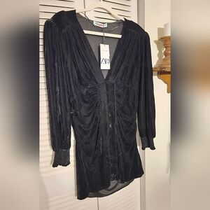 NWT Zara Elegant Black Alessa Dress Velvet Ruched
